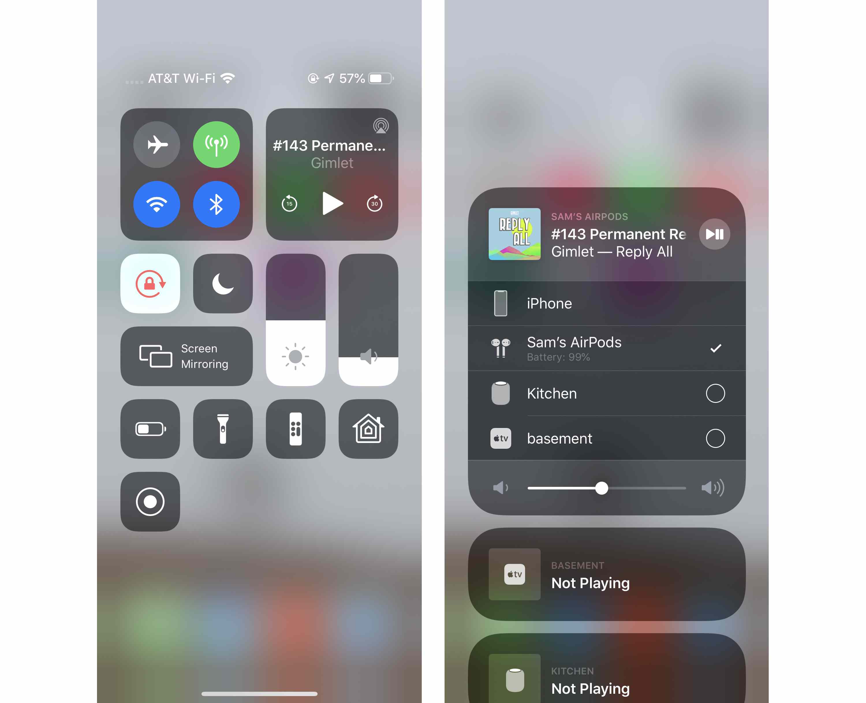 Screenshoty nastavení AirPodů na zvukový výstup v Control Center