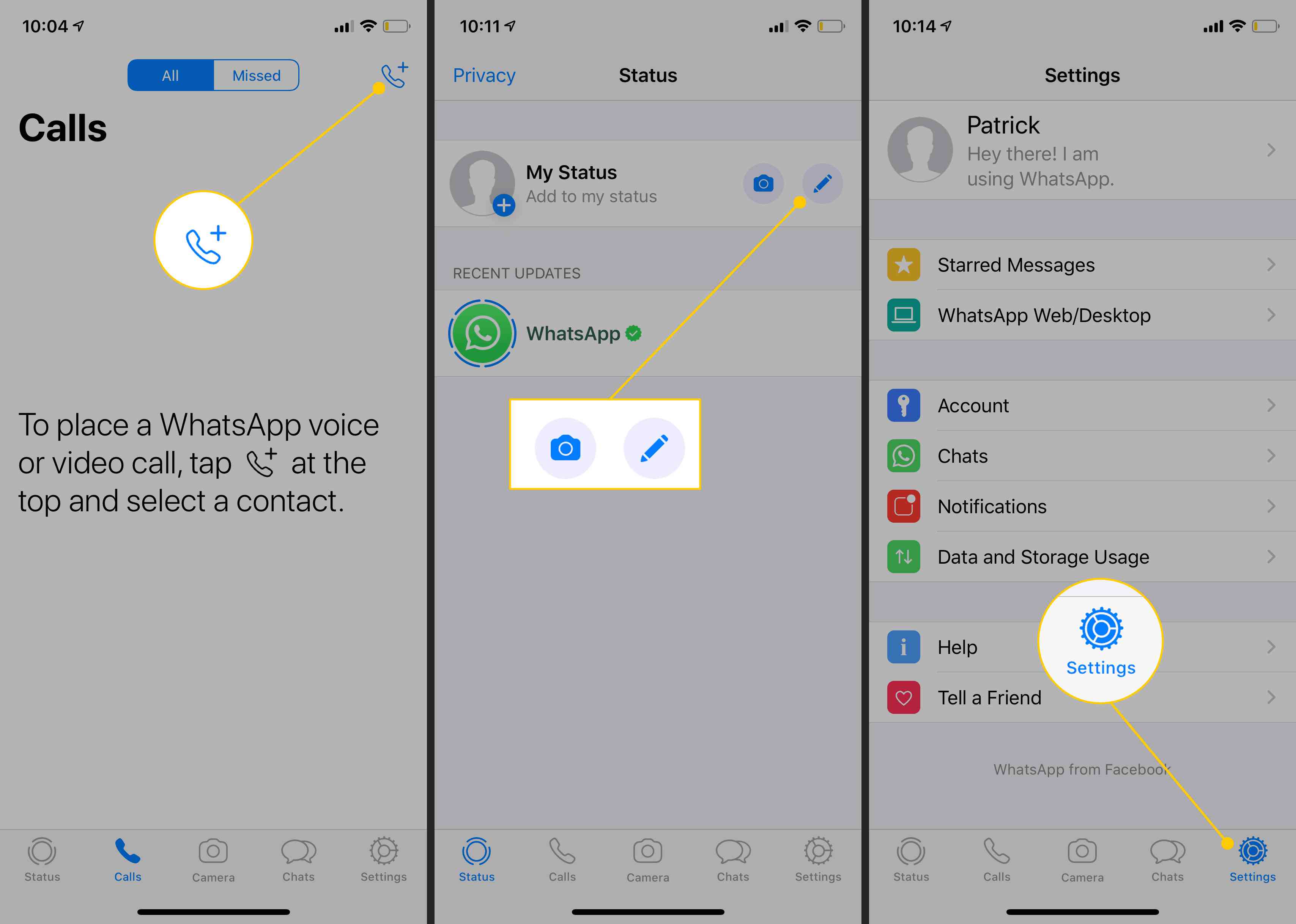 Tlačítko Volat, Možnosti stavu, Ikona Nastavení v WhatsApp pro iOS