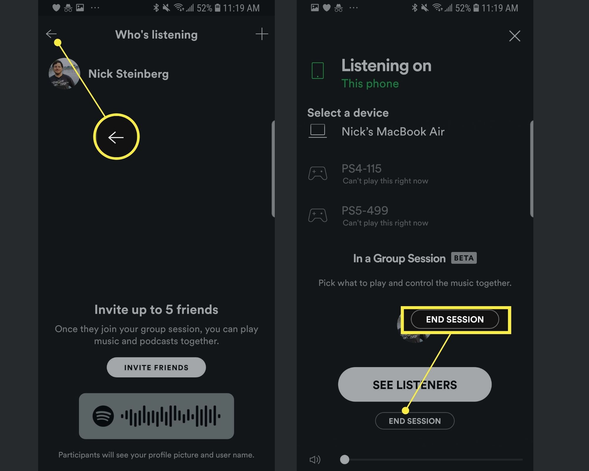 Ukončení skupinové relace ve Spotify pro Android.
