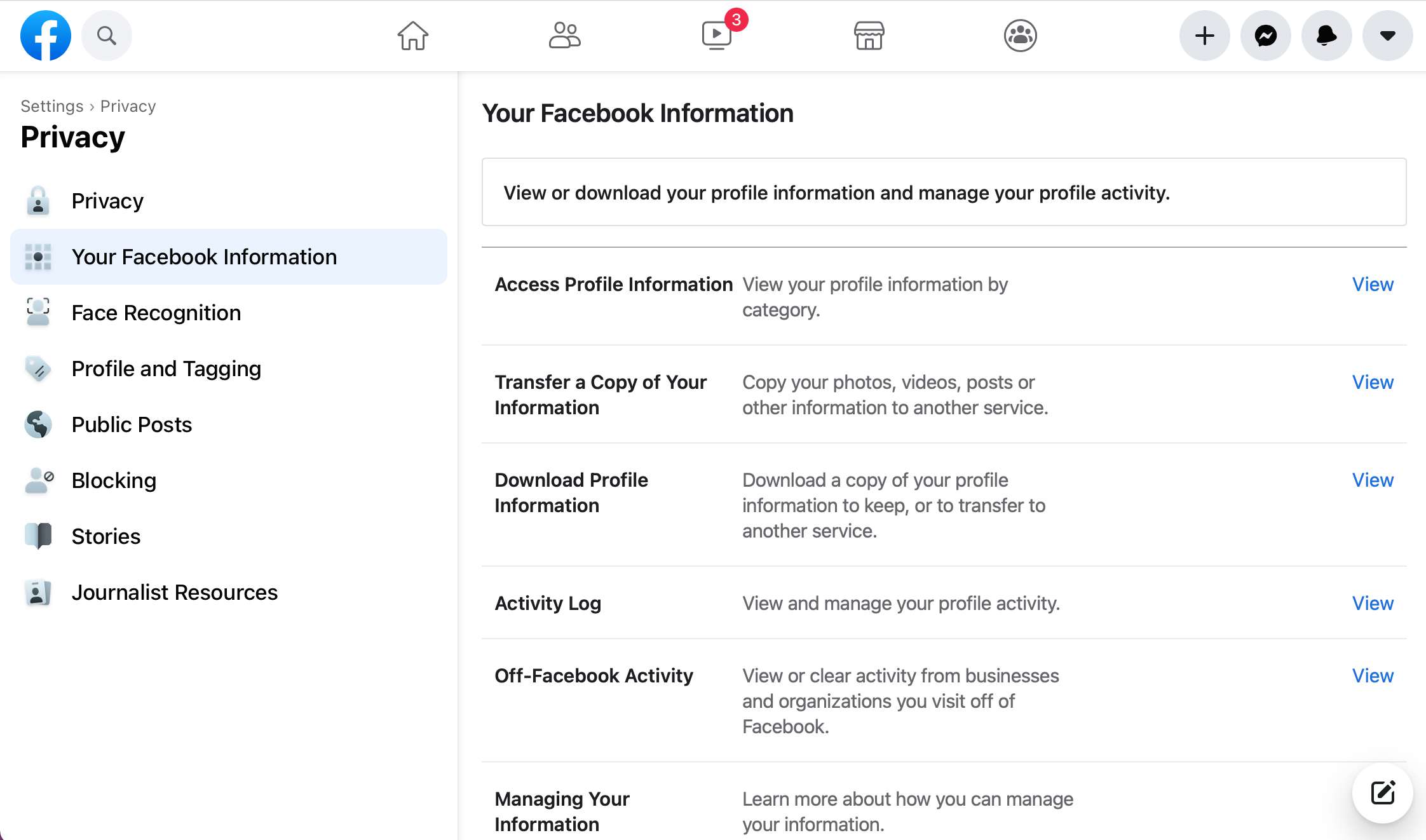 Obrazovka ochrany osobních údajů Facebooku na Facebooku