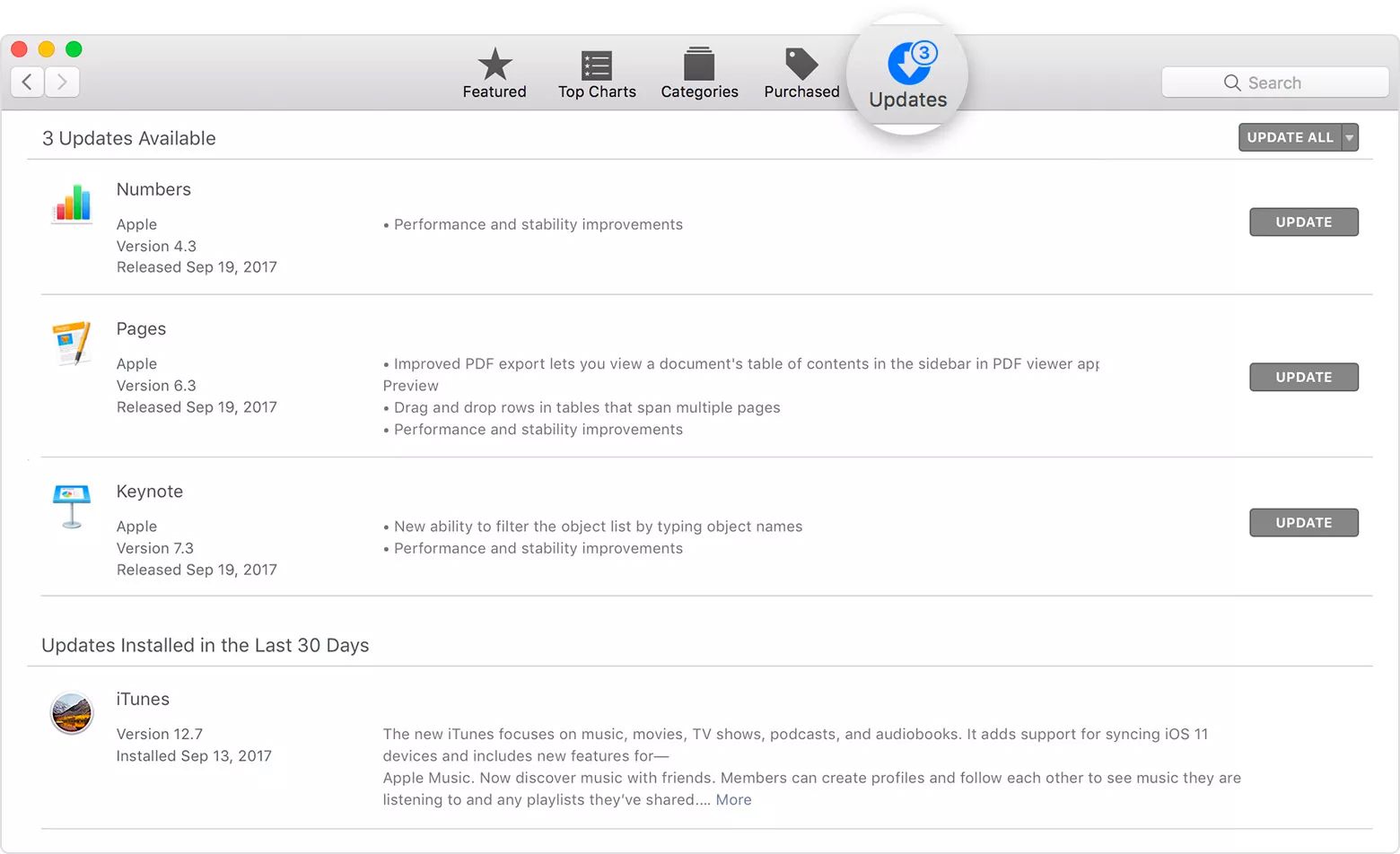 Mac App Store se zvýrazněnou kartou Aktualizace