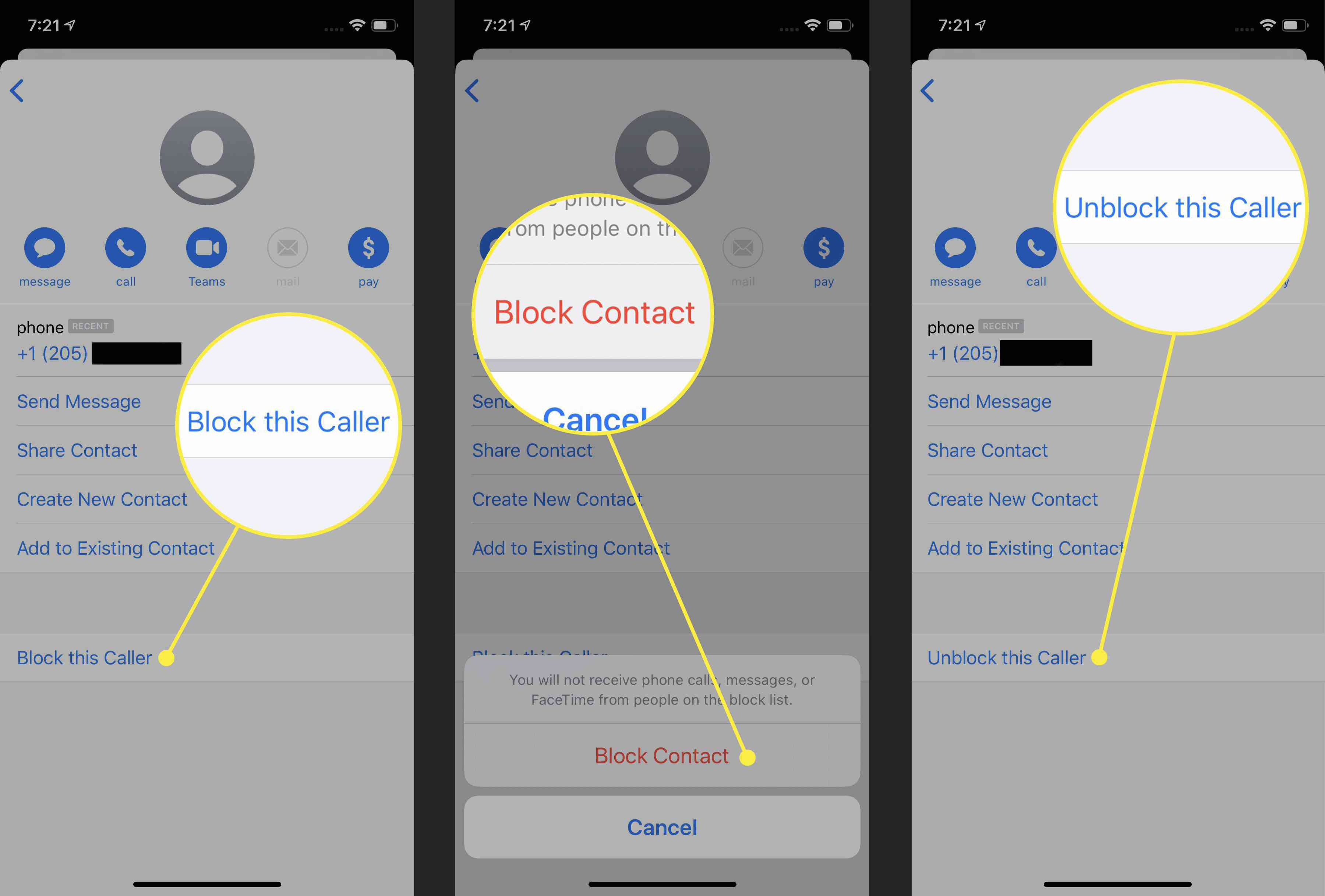 Screenshoty kroků k blokování spamových textů na iPhone.