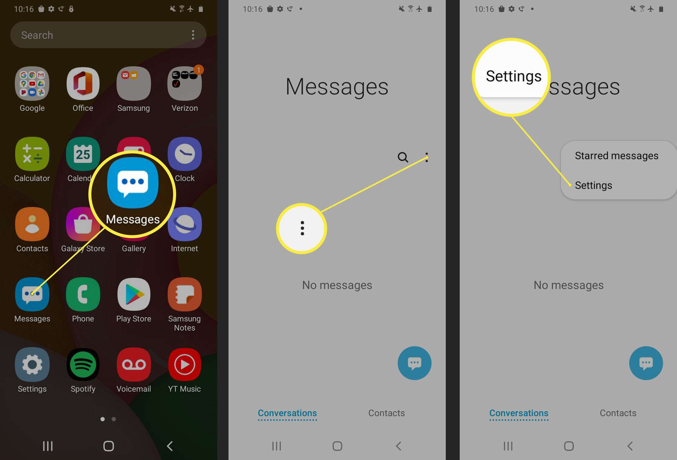 Screenshoty blokování spamových textů v systému Android.