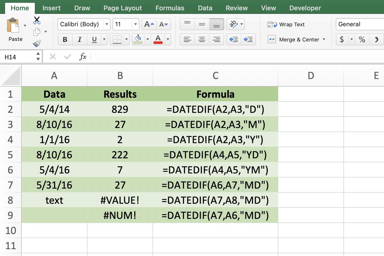 Screenshot aplikace Excel zobrazující různé funkce DATEDIF