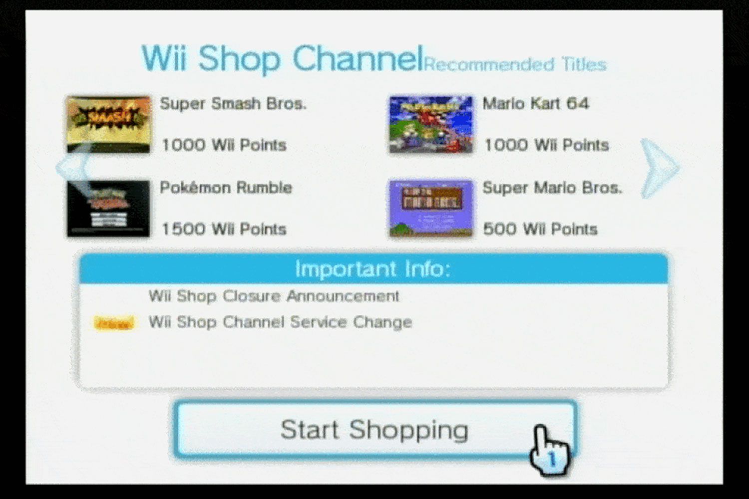 Tlačítko „Zahájit nakupování“ v kanálu Wii Shop