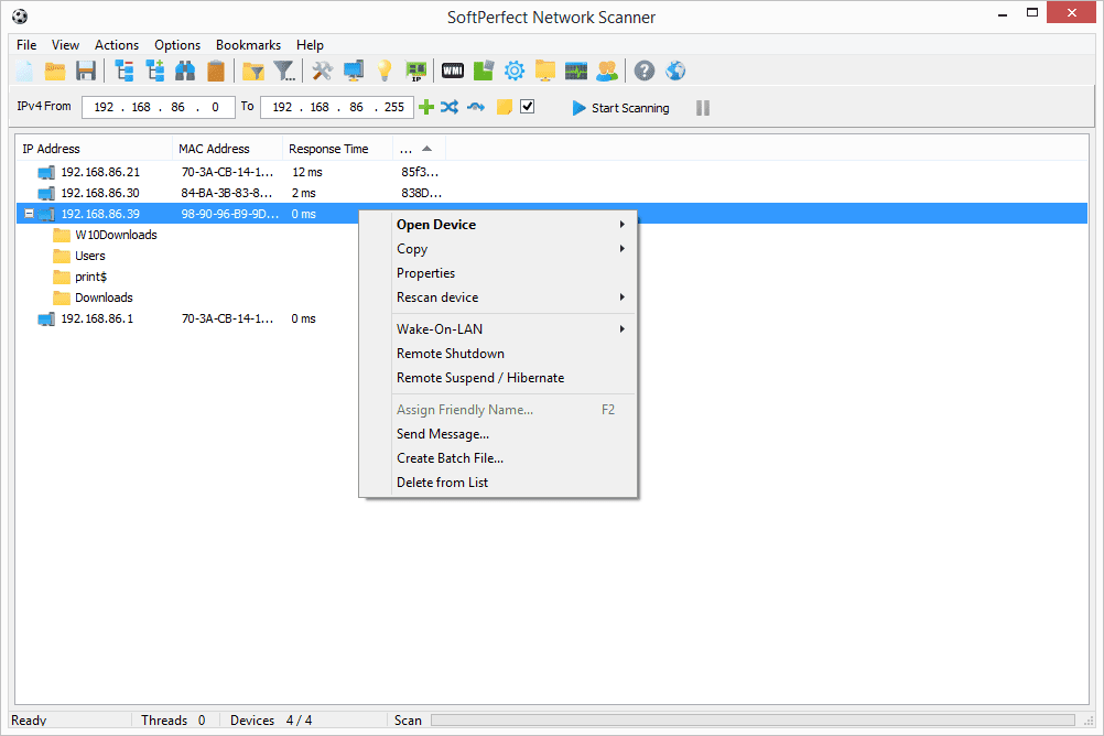 Seznam zařízení SoftPerfect Network Scanner