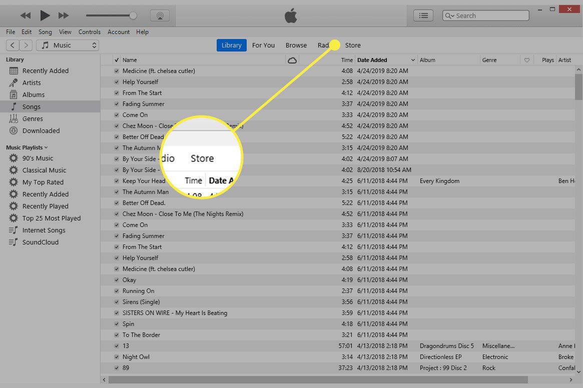 Snímek obrazovky iTunes se zvýrazněnou kartou Obchod