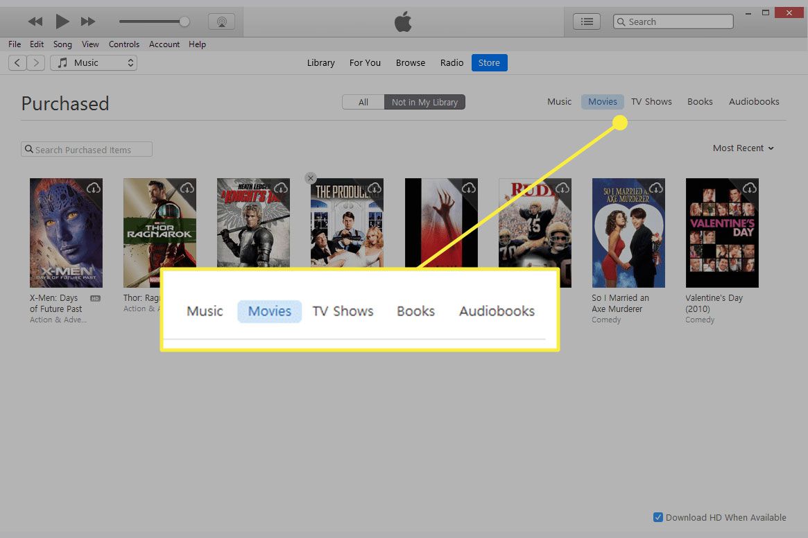 Snímek obrazovky iTunes se zvýrazněnými kategoriemi médií