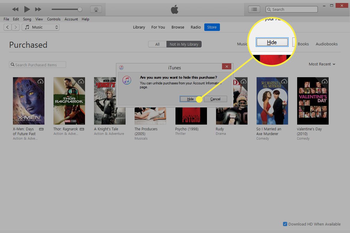 Snímek obrazovky iTunes se zvýrazněným tlačítkem Skrýt