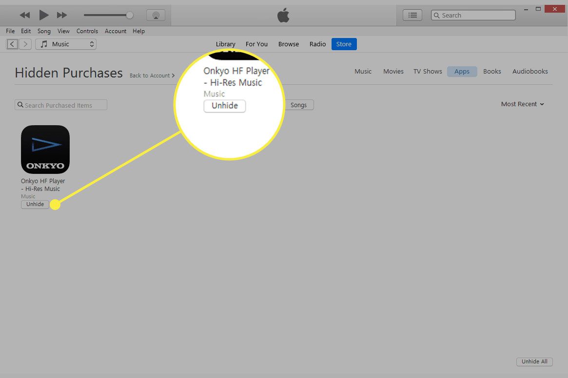 Snímek obrazovky skrytých nákupů iTunes se zvýrazněným tlačítkem Unhide