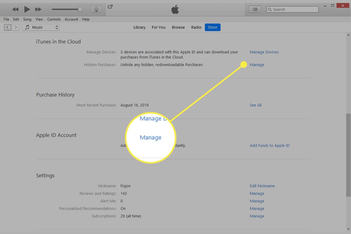 Snímek obrazovky iTunes se zvýrazněnou možností Spravovat