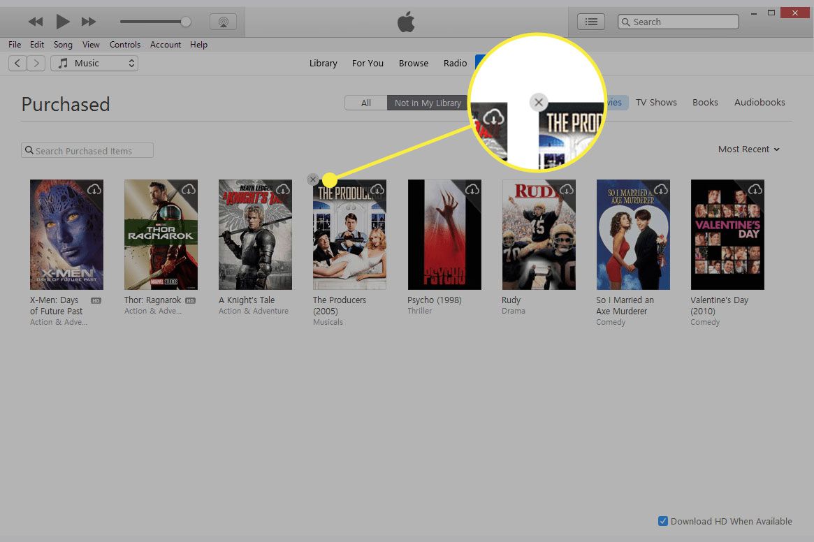 Snímek obrazovky zakoupené aplikace iTunes se zvýrazněným tlačítkem Skrýt