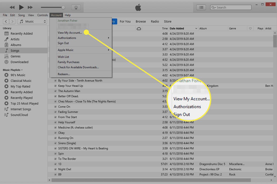 Snímek obrazovky iTunes se zvýrazněnou možností nabídky Zobrazit můj účet