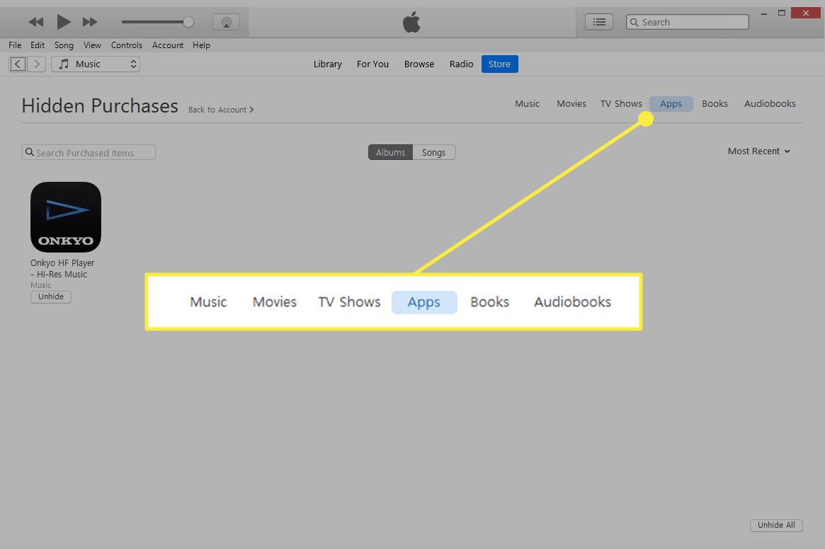 Screenshot obrazovky iTunes „Skryté nákupy se zvýrazněnými kategoriemi médií
