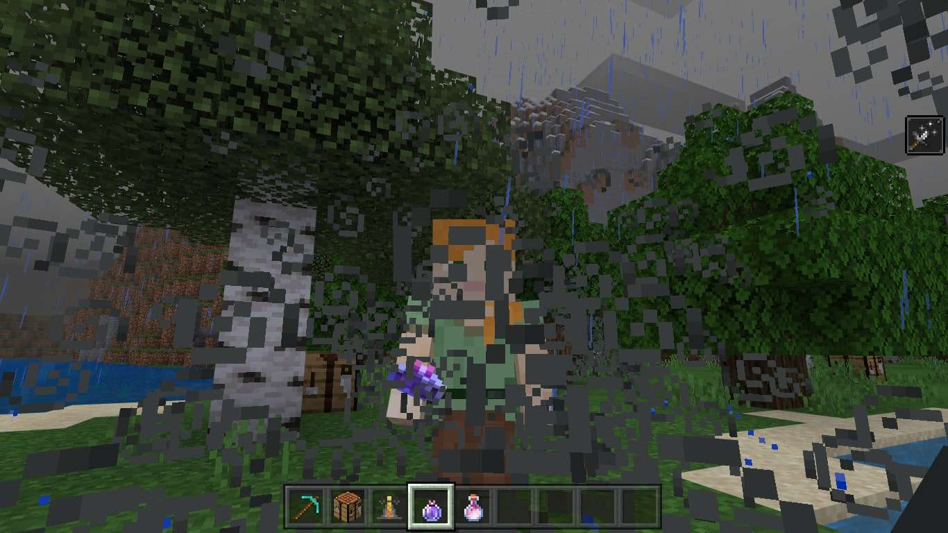 Hráč stojící v mraku Lingering Potion v Minecraftu