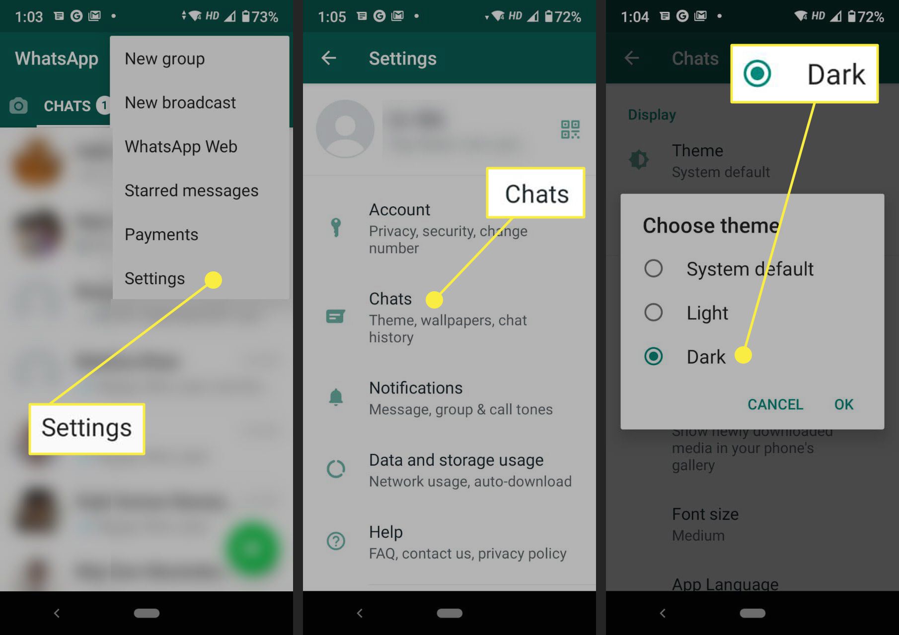 Výběr tmavého motivu v WhatsApp Android.