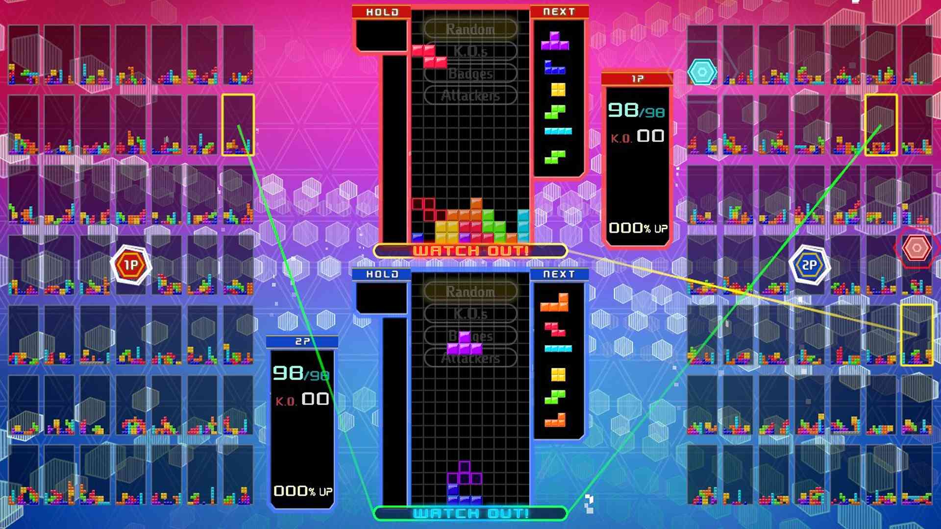 Tetris 99 2P Sdílejte bitevní režim.