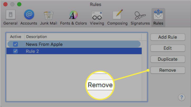 Výběr odebrat u pravidla v Apple Mail.