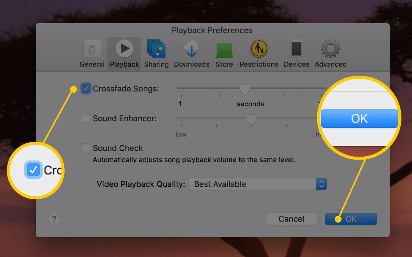 Screenshot z okna předvoleb přehrávání v iTunes pro Mac se zvýrazněním zaškrtávacího políčka Crossfade Songs a tlačítkem OK