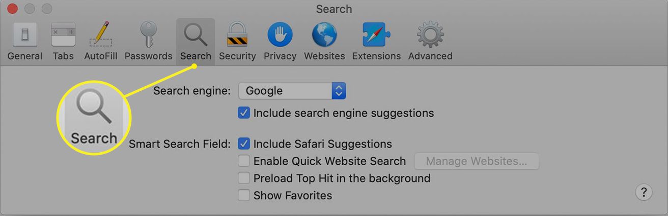 Předvolby vyhledávání Safari na počítači Mac