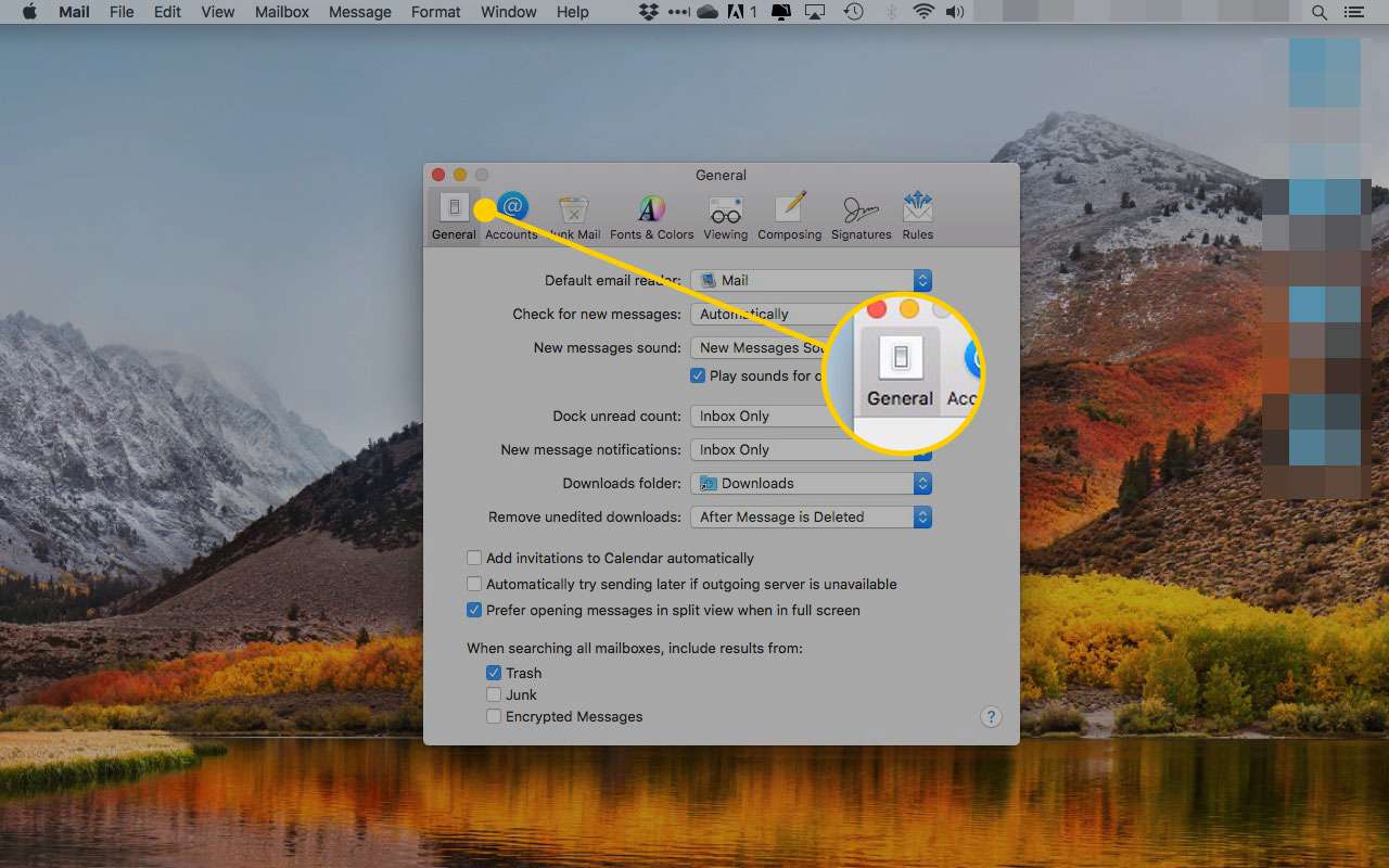 Předvolby aplikace macOS X Mail se zvýrazněnou kartou Obecné