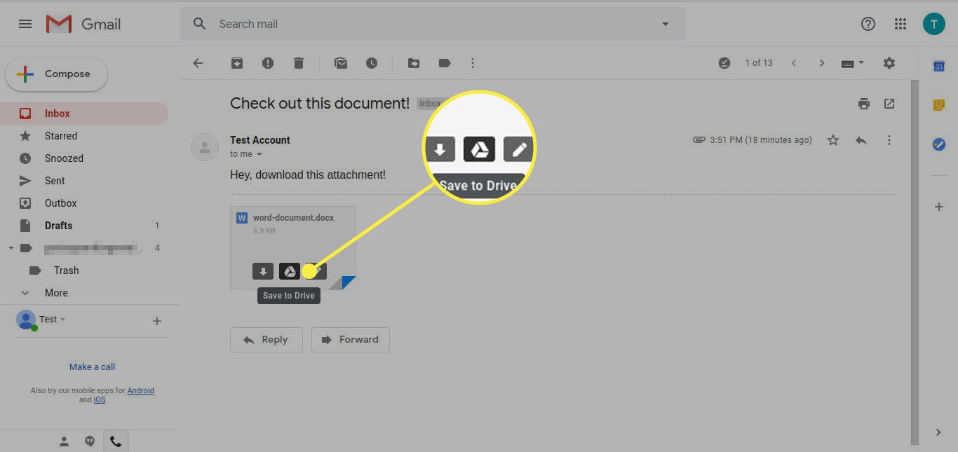 Gmail se zvýrazněným tlačítkem Uložit na Disk