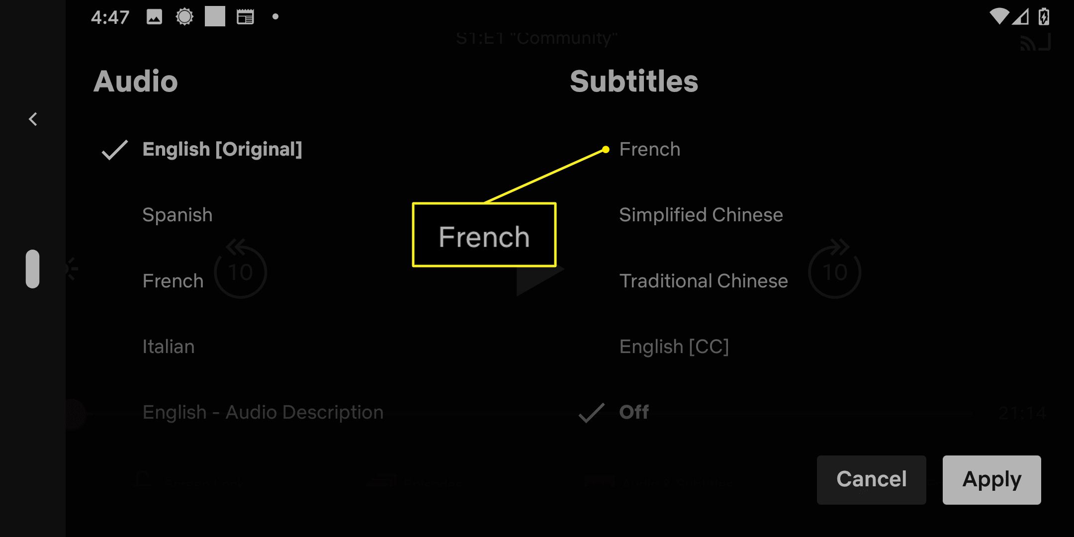 Možnosti titulků v aplikaci Netflix se zvýrazněnou francouzštinou.