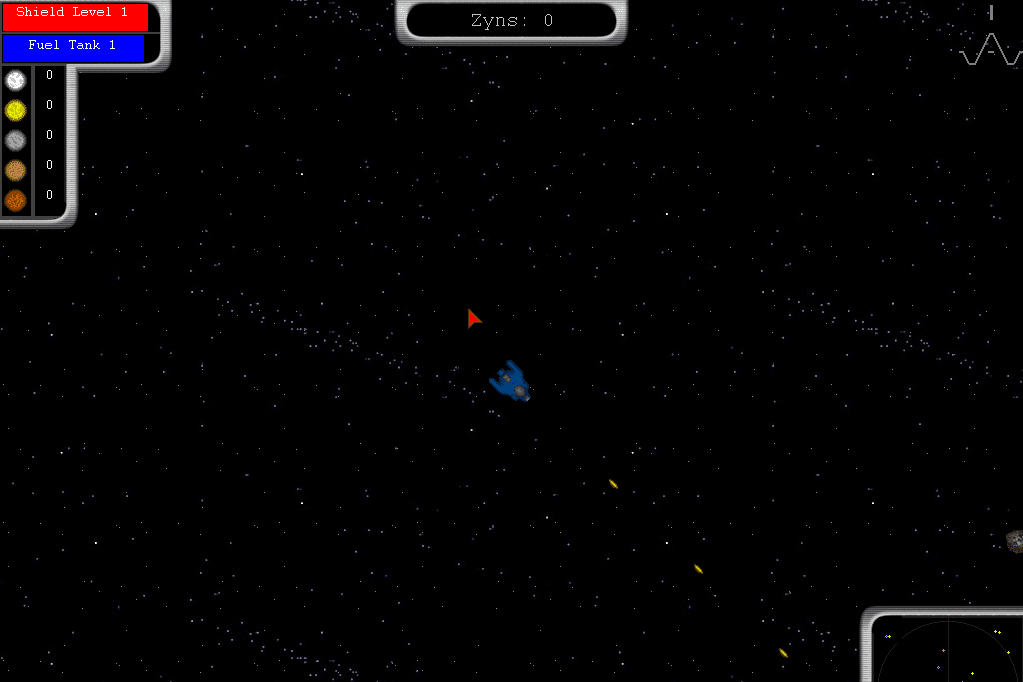 Snímek obrazovky vesmírné lodi střílející ve videohře.