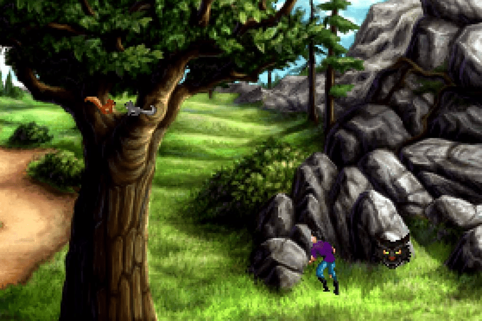 Snímek obrazovky muže v lese videohry.