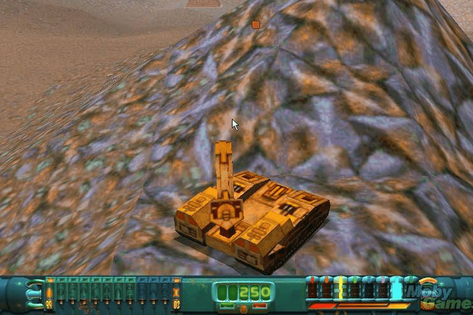 Futuristický tank s věží na kopci v pusté krajině.  .