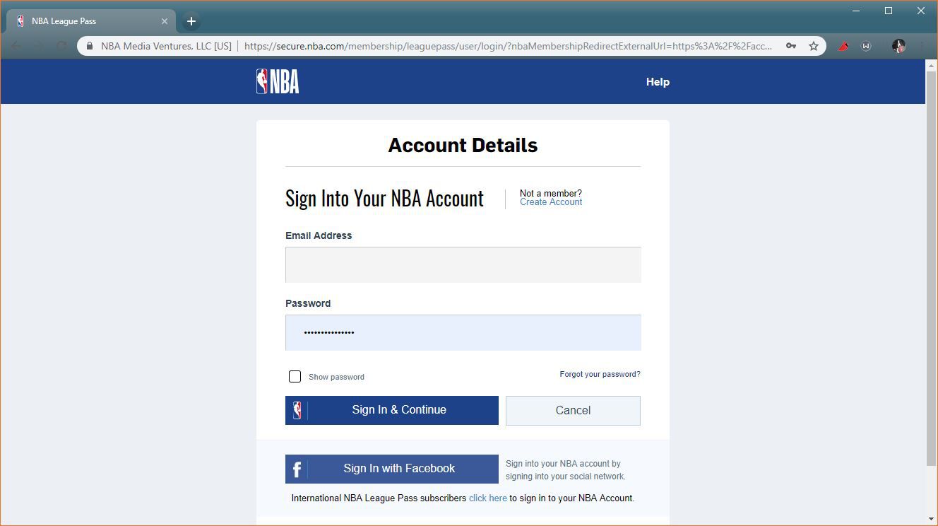 Přihlašovací obrazovka NBA League Pass.