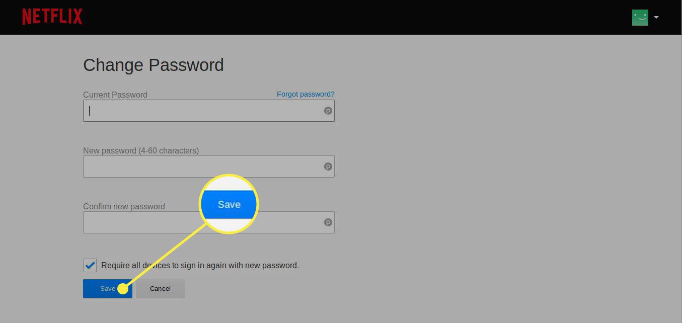 Snímek obrazovky Netflixu Změnit heslo se zvýrazněným tlačítkem Uložit