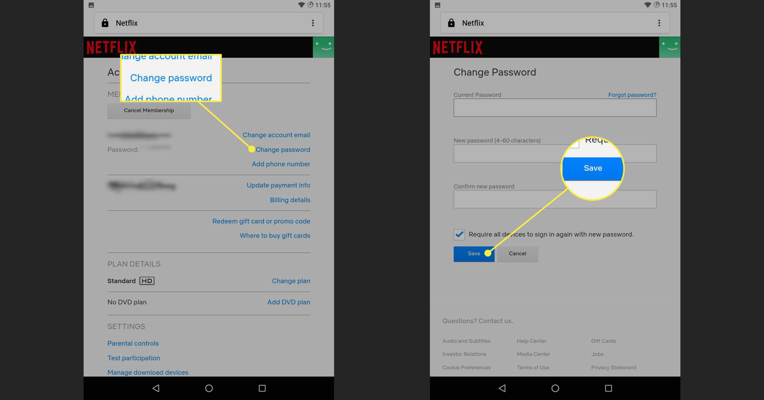 Screenshoty obrazovky pro změnu hesla Netflixu se zvýrazněným odkazem „změnit heslo“ a tlačítkem Uložit