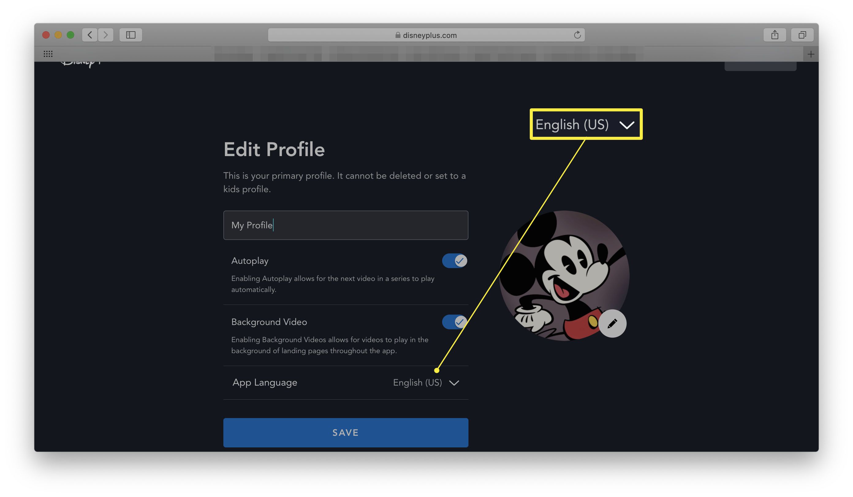 Web Disney + s otevřeným Upravit profil a zvýrazněným jazykem aplikace