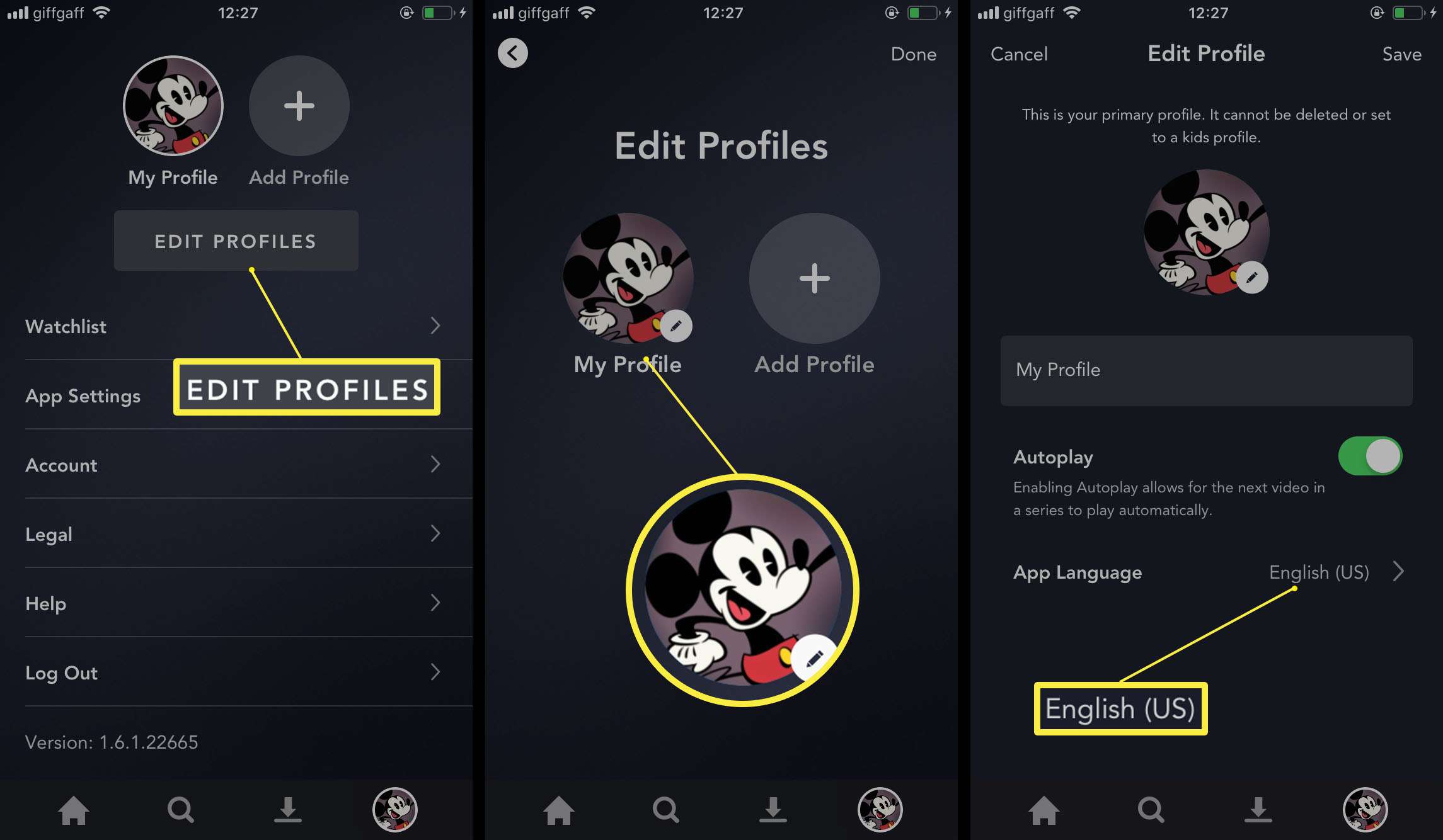 Aplikace Disney + se zvýrazněným Upravit profil / jazyk aplikace