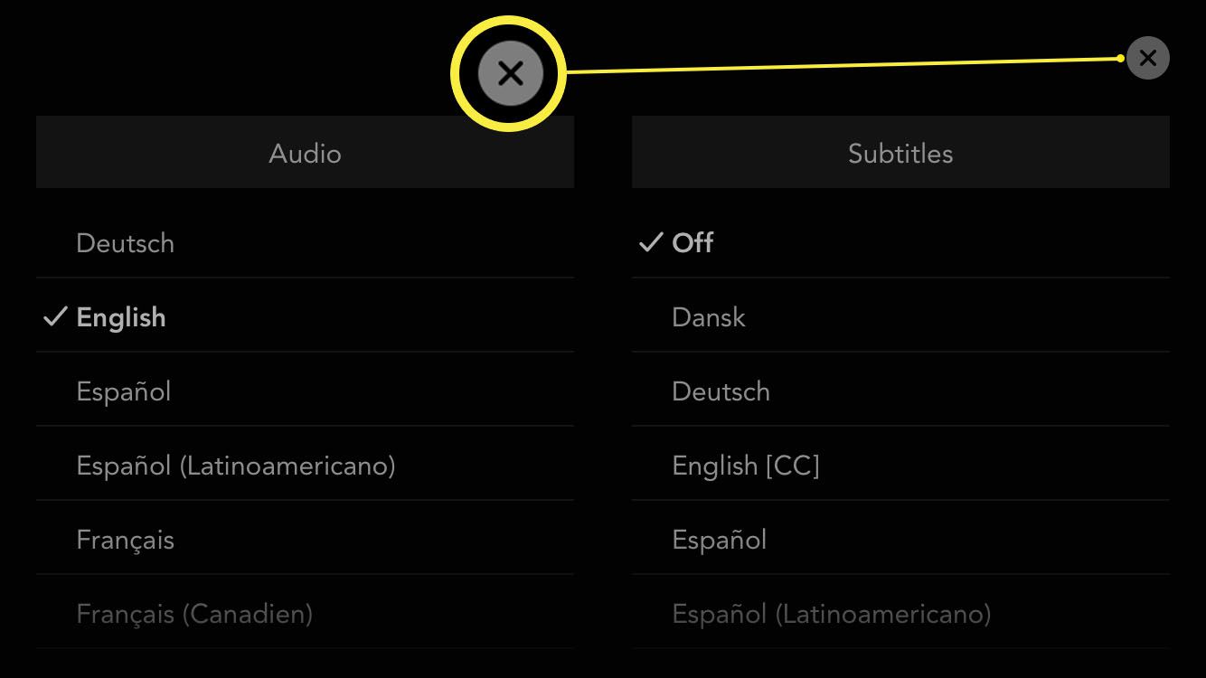 Aplikace Disney + se zobrazením jazyků zvuku / titulků a X v pravém horním rohu pro potvrzení změn