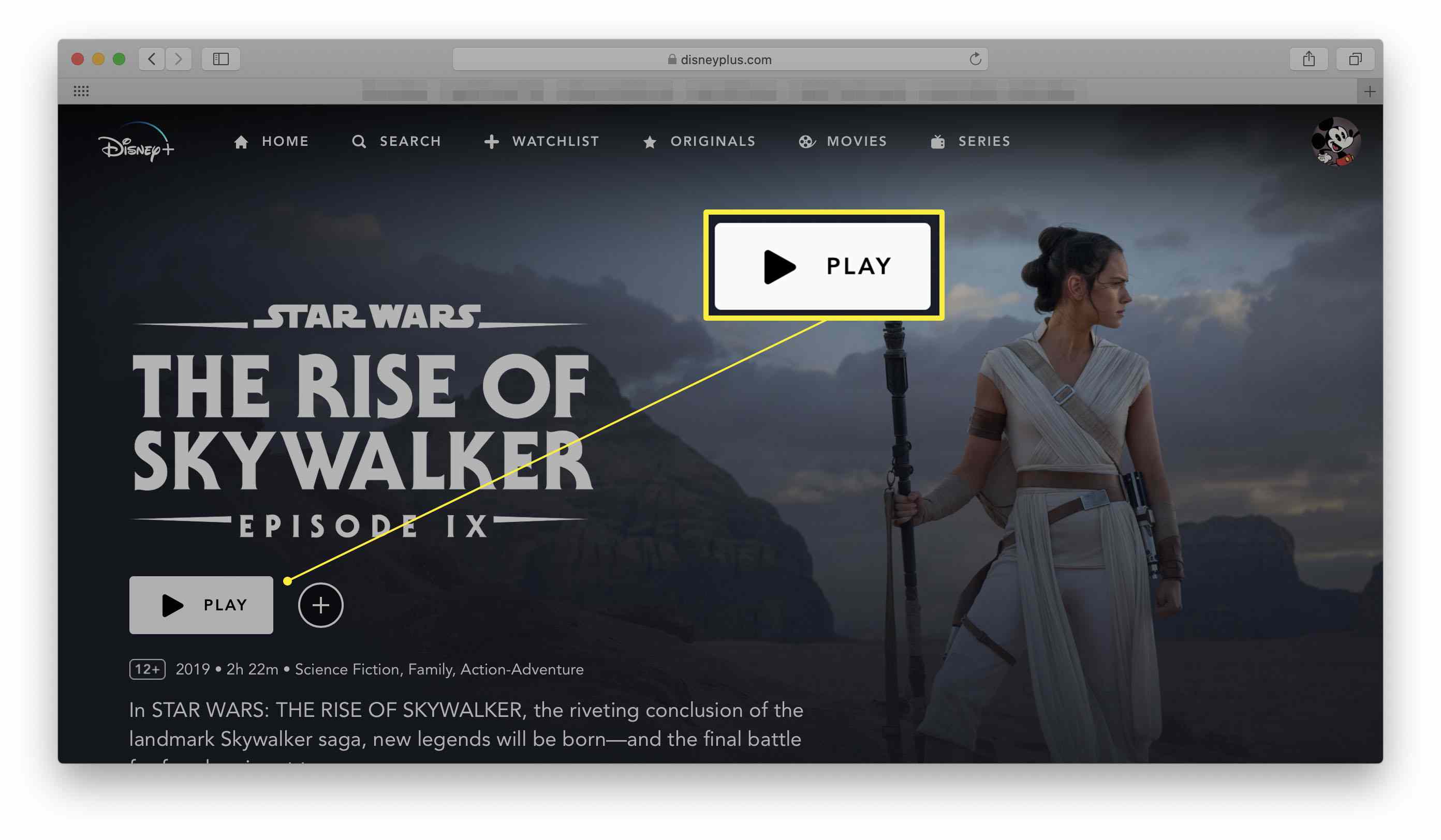 Web Disney + se zvýrazněným tlačítkem přehrávání na filmu (Star Wars: The Rise of Skywalker)