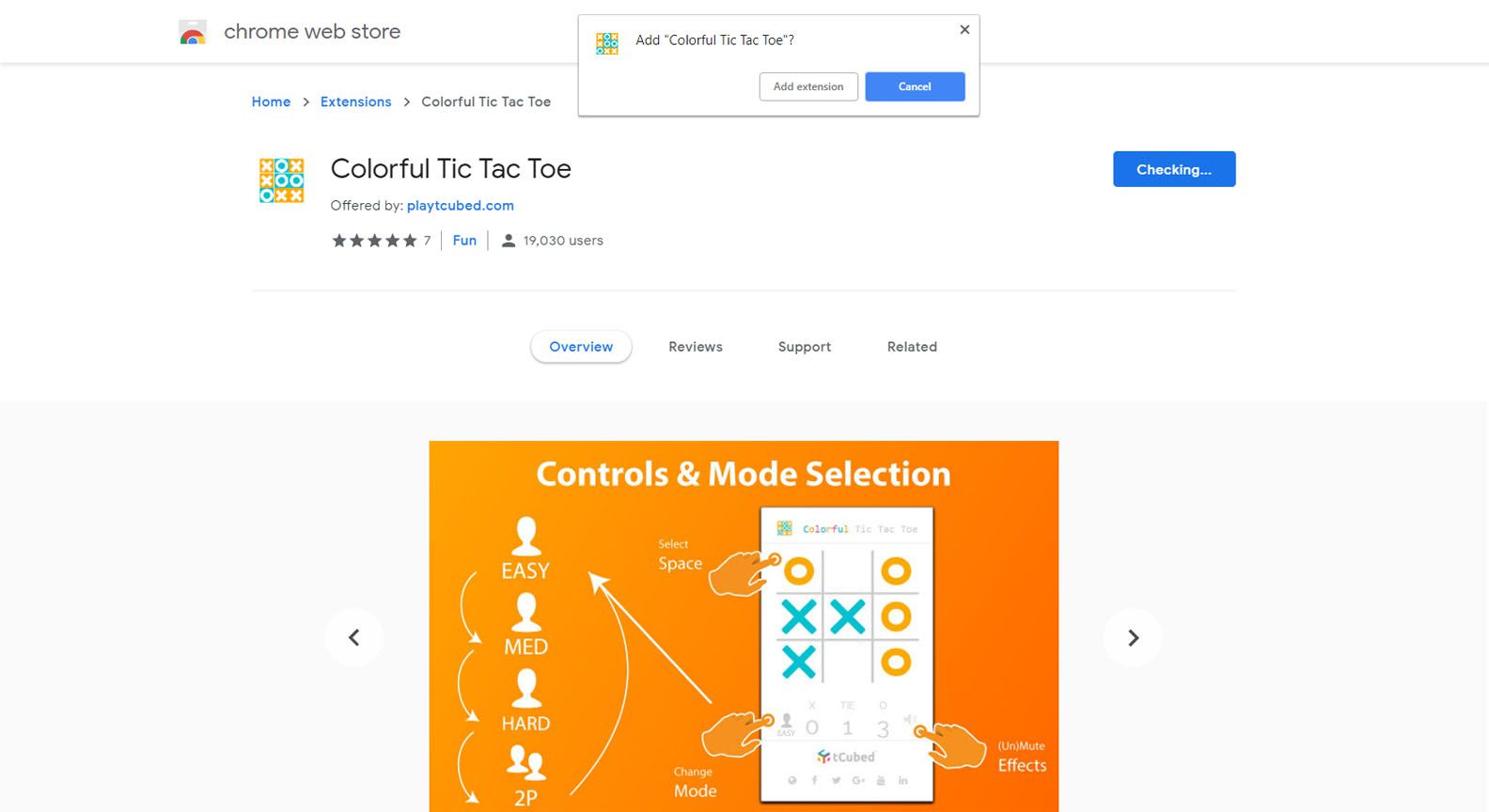 Dialogové okno pro přidání rozšíření Chrome Tic Tac Toe Chrome