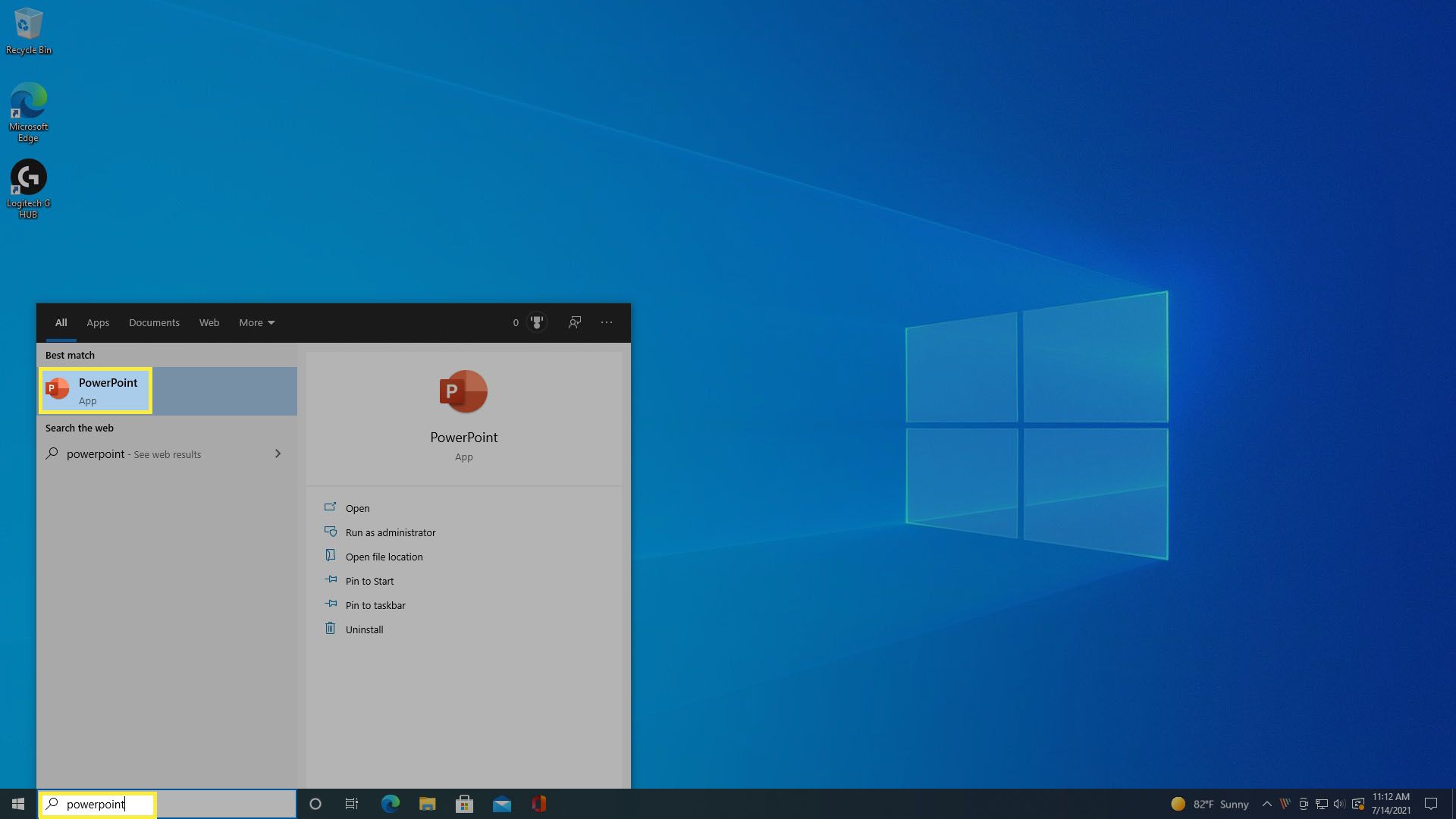 Hledání PowerPointu ve Windows 10.