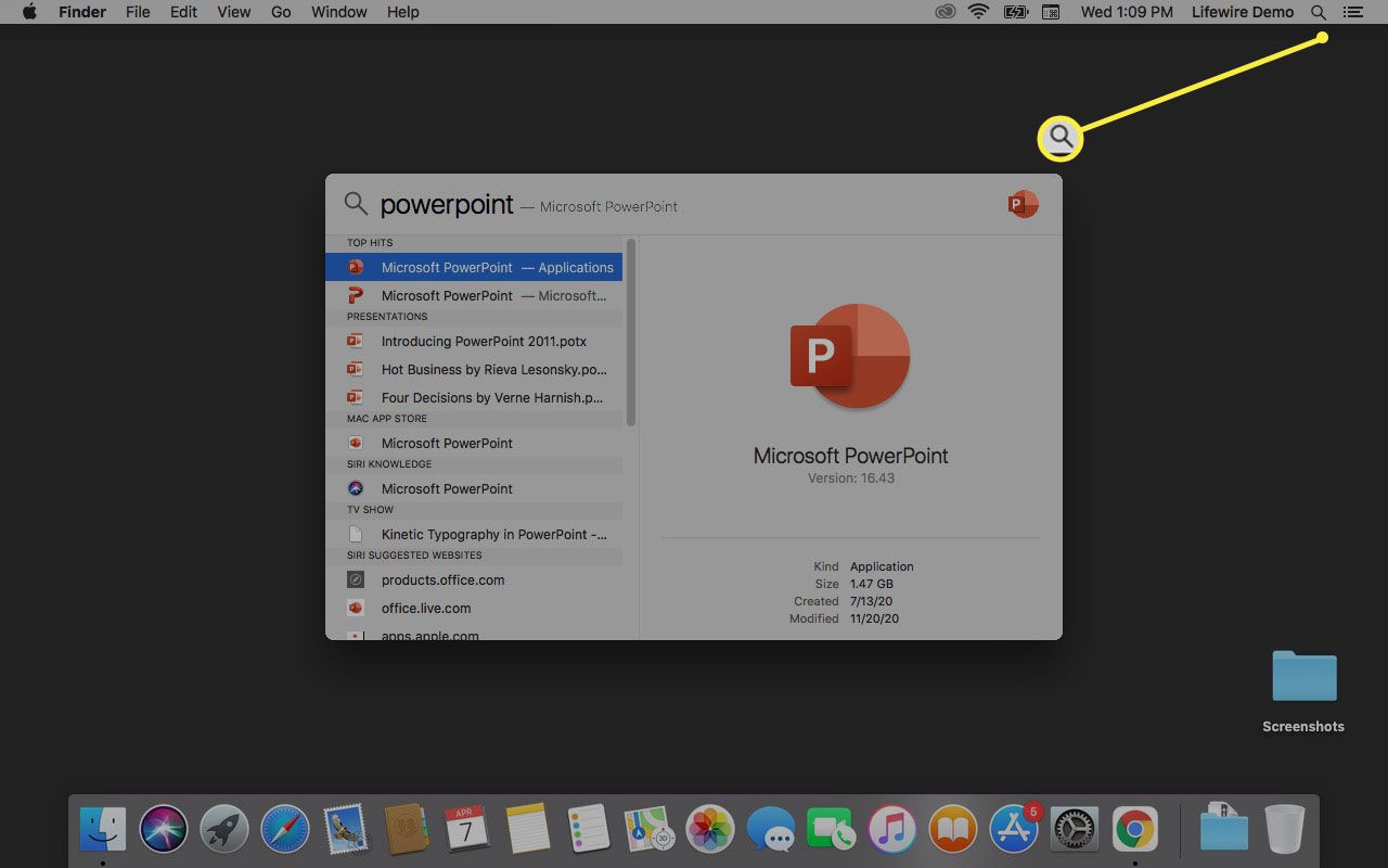 Hledání PowerPointu ve Spotlight Search v macOS.