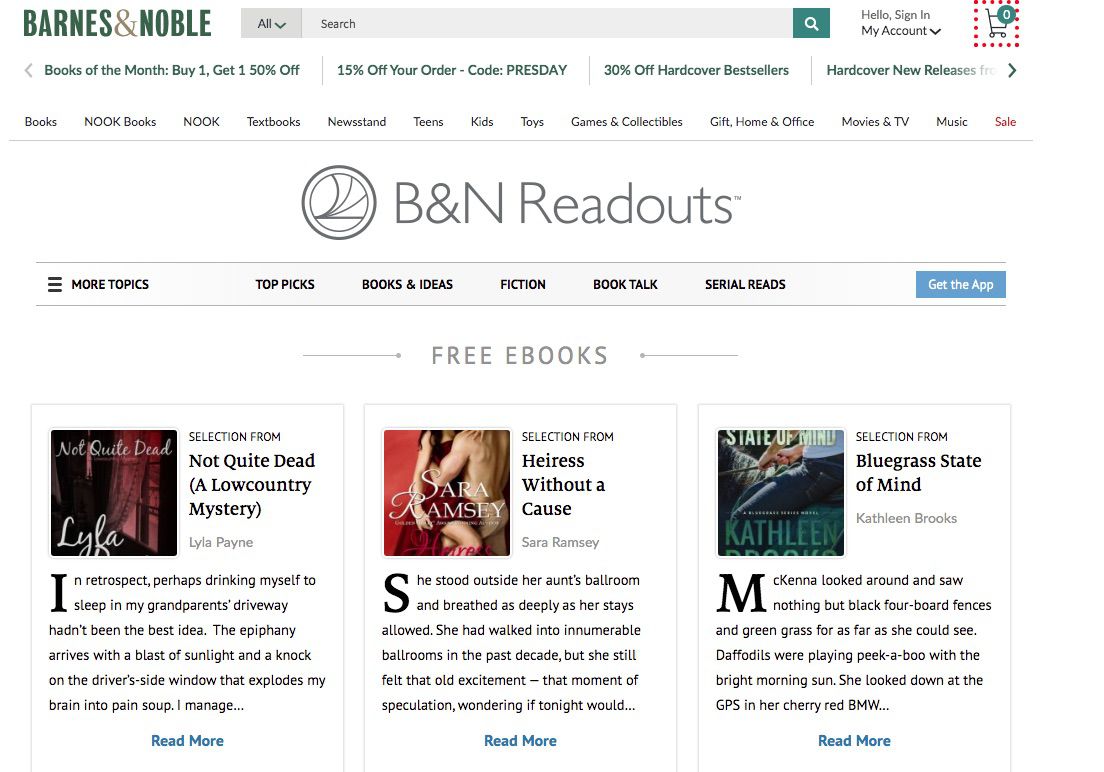 Screenshot z B&N Readouts, který nabízí bezplatné elektronické knihy Nook