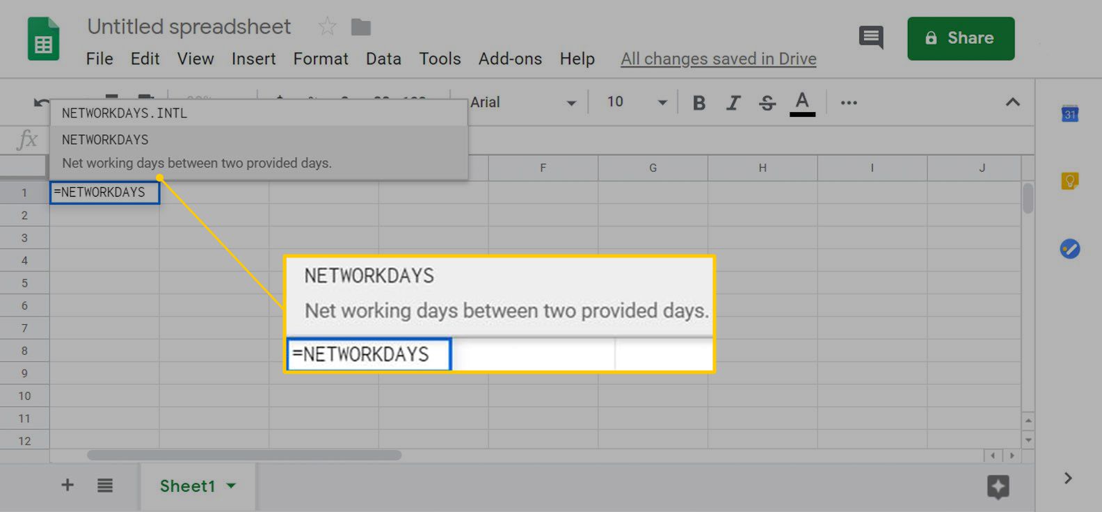 Možnost Networkdays v Tabulkách Google
