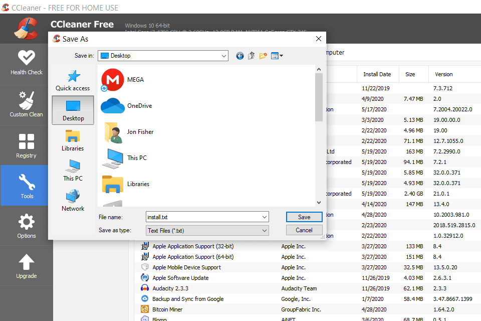 CCleaner seznam programů