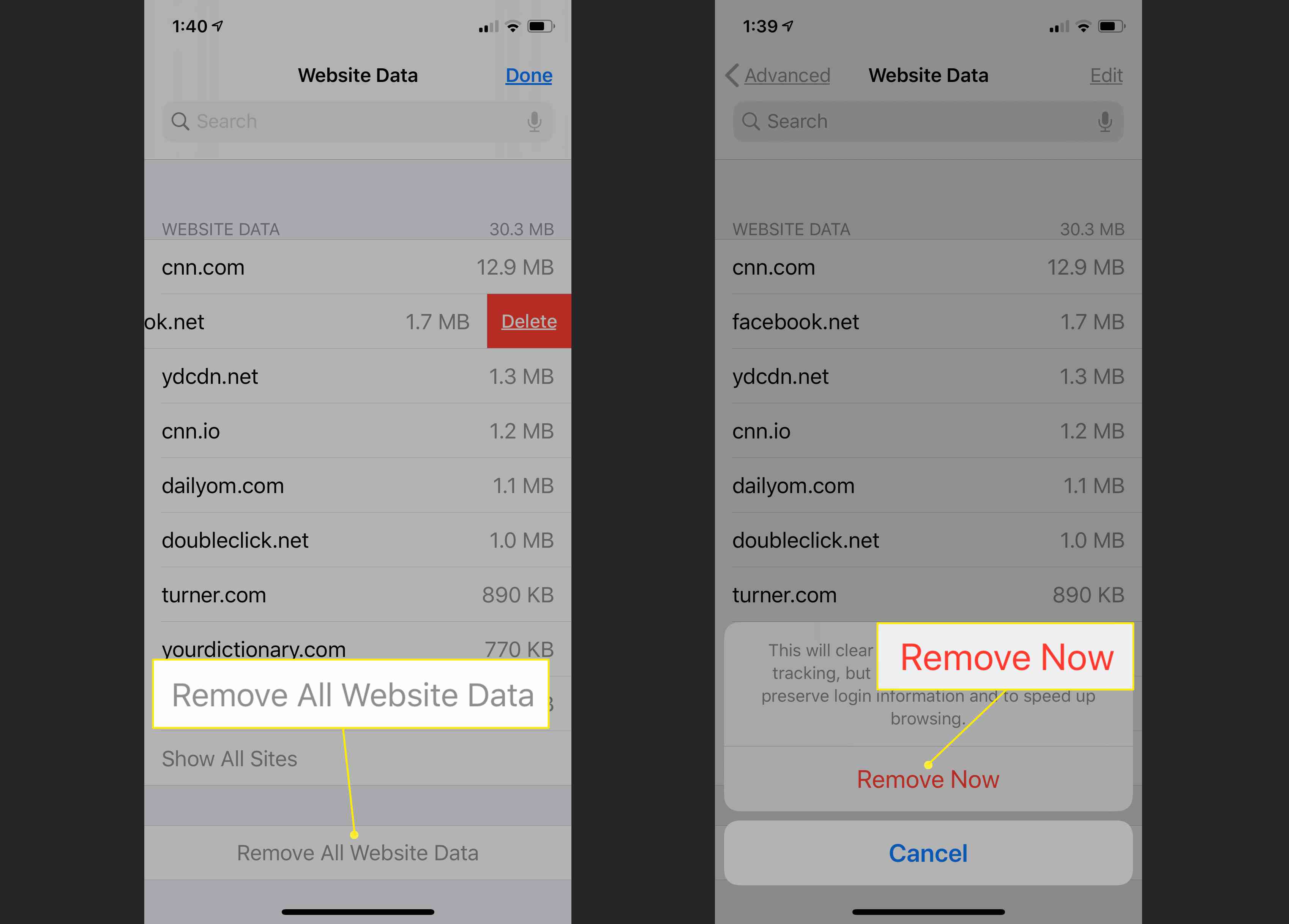 Data webových stránek zobrazující soubory cookie na iPhone