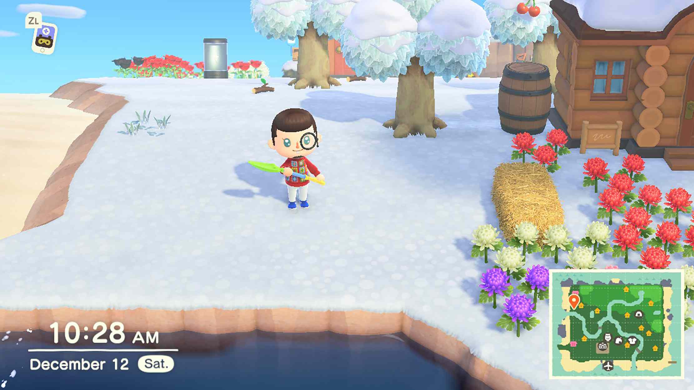 Screenshot ze hry Animal Crossing New Horizons s lopatou