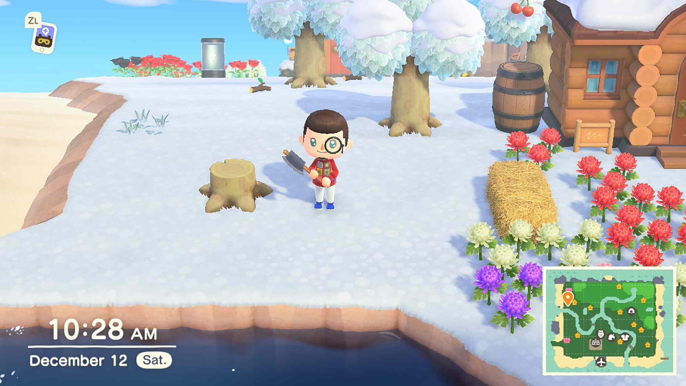 Screenshot ze hry Animal Crossing New Horizons s pařezem