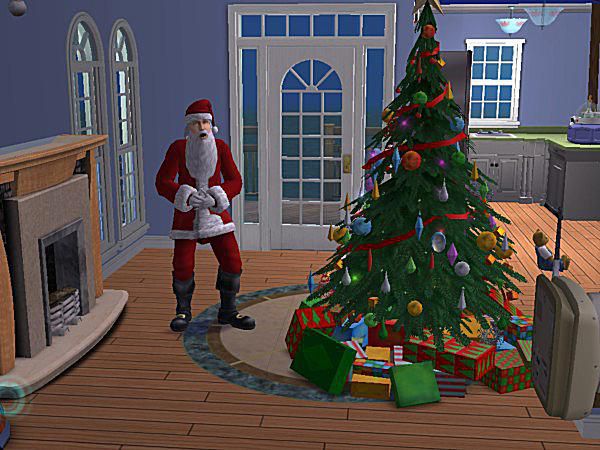 Santa Clause dorazí na Vánoce ve snímku obrazovky Sims 2