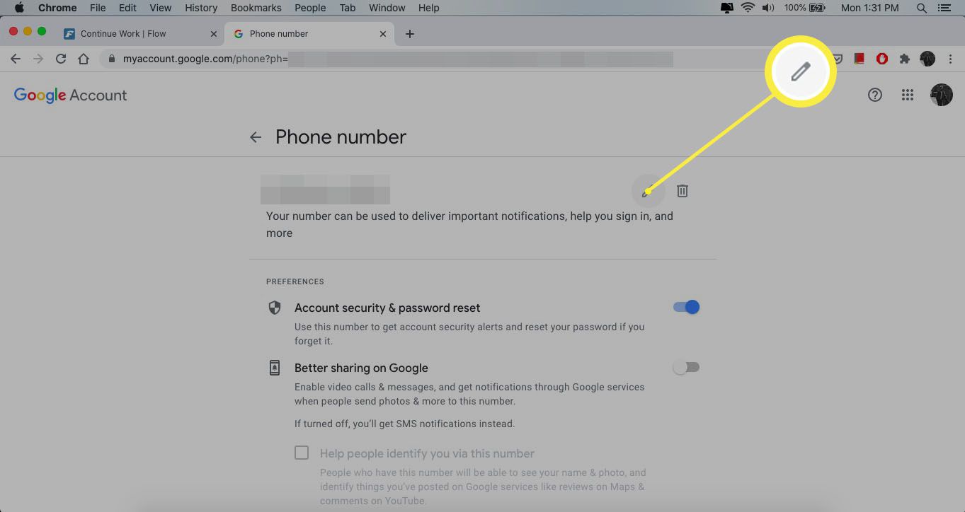 Ikona úpravy (tužka) na obrazovce telefonu účtu Google.