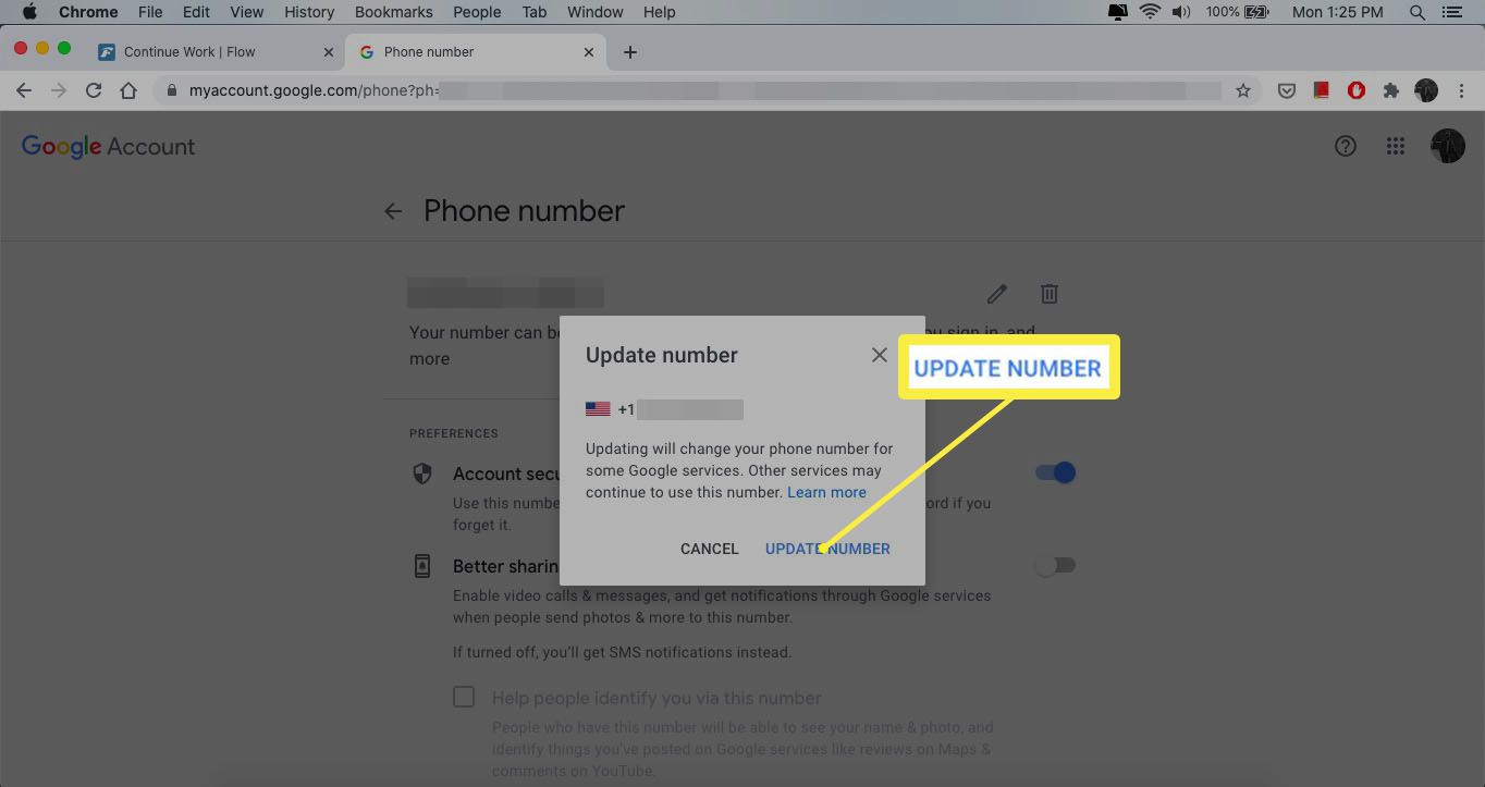 Výběrem možnosti Aktualizovat číslo změníte číslo ve svém účtu Google.