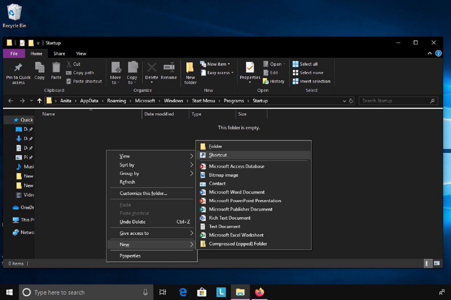 Screenshot prvních několika kroků, jak přidat nový program do spouštěcí složky systému Windows 10.